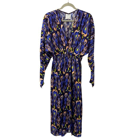 Forte Forte 6 Northern Light Print Satin Dress Multi Purple Ikat Dolman V Neck - Picture 2 of 16